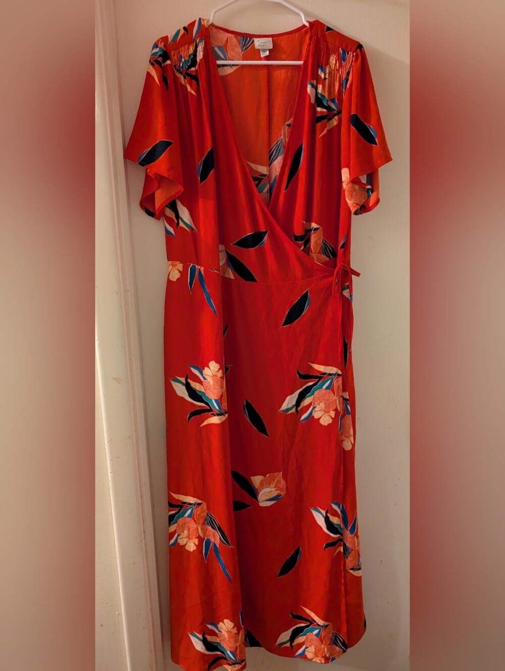 Red Floral Wrap Maxi Dress with Pockets Flutter Sleeve A New Day Size XXL